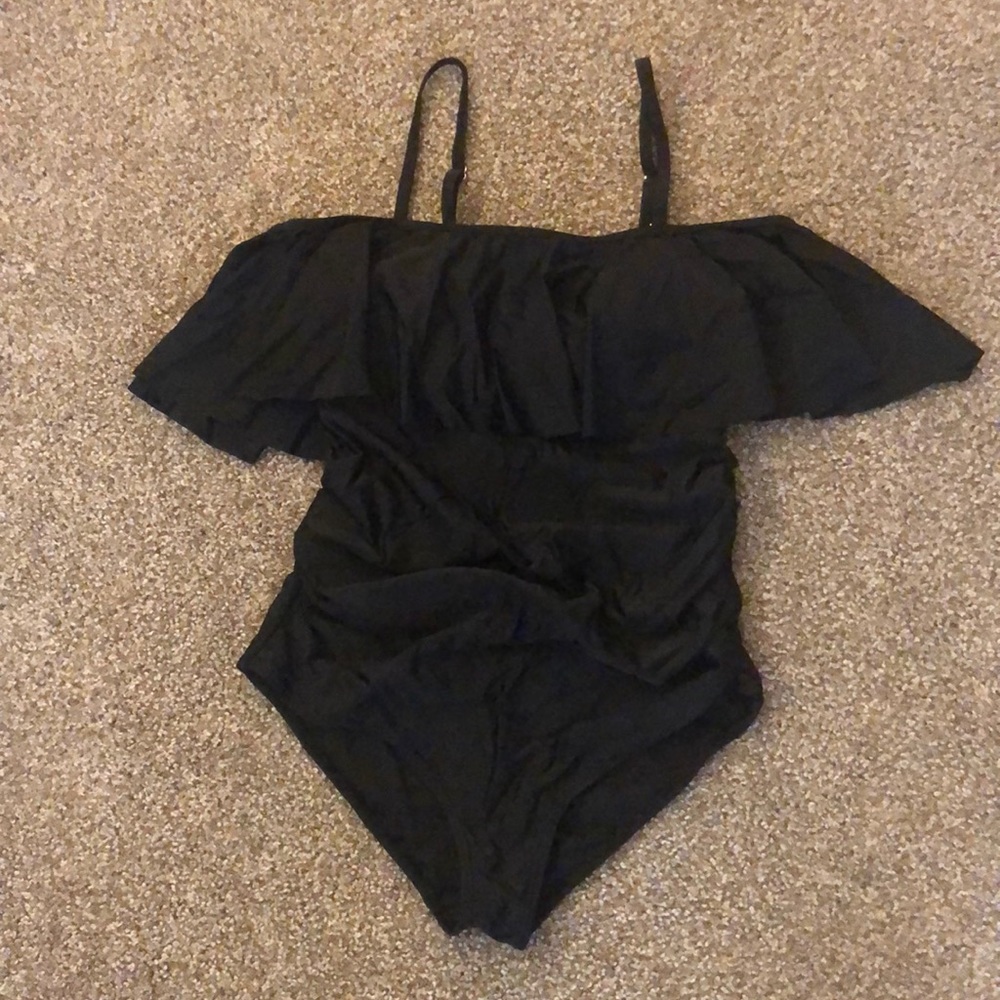 Black ruffle sleeve one piece bathing suit by pink blush maternity